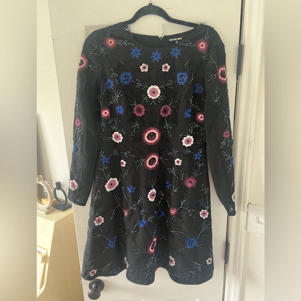 Gianni Bini black long sleeve needed floral embroidered dress blue purple flower